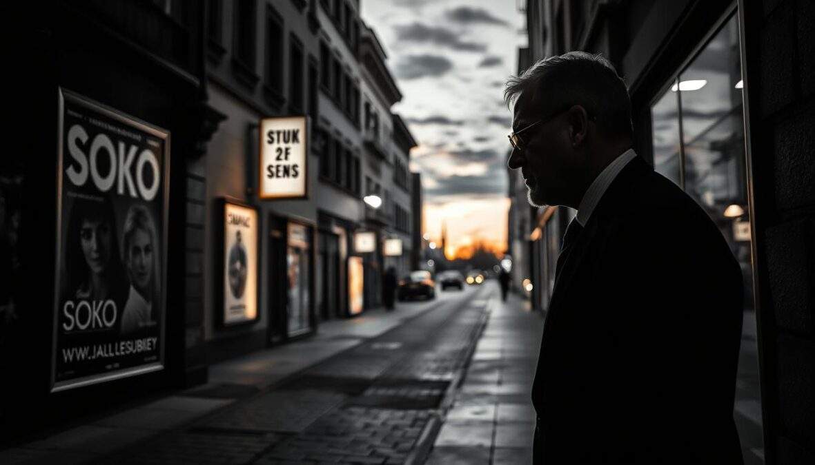 A dramatic black and white scene depicting Marco Girnth, dressed in professional business attire, standing in a lonely urban alley as he reflects on his departure from "SOKO Leipzig" after 25 years. In the foreground, he gazes thoughtfully at a poster of the show, with shadows casting deeply on his contemplative face. The middle ground features a dimly lit street with vintage Leipzig architecture, illuminated by subtle colored accents, hinting at both nostalgia and change. The background showcases a fading sunset sky, enhancing the emotional atmosphere of farewell. The overall composition should evoke a sense of melancholy and reflection, captured from a slightly low-angle perspective to symbolize the weight of his experience and journey. The lighting is soft and moody, emphasizing the poignant moment of transition.