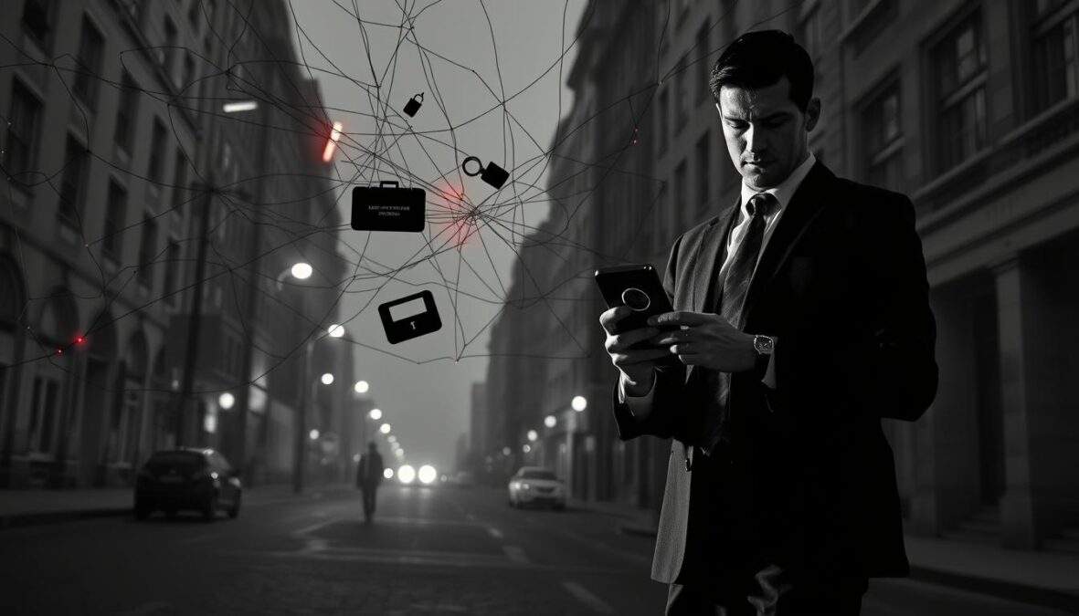 A dramatic black and white scene depicting a tangled web symbolizing deceit and betrayal, inspired by a crime series atmosphere. In the foreground, a shadowy figure in a professional suit stands with a concerned expression, holding a smartphone displaying a threatening message. In the middle ground, a network of intricate strings with colored highlights hints at the complexity of manipulation and extortion, intertwining around various objects like a mask, a briefcase, and a magnifying glass. In the background, a dimly lit urban landscape sets a suspenseful mood, with elongated shadows stretching across the street. Utilize high contrast lighting to create an intense atmosphere, focusing on the figure's face and the smartphone's screen, shot from a low angle to emphasize the tension and intrigue.