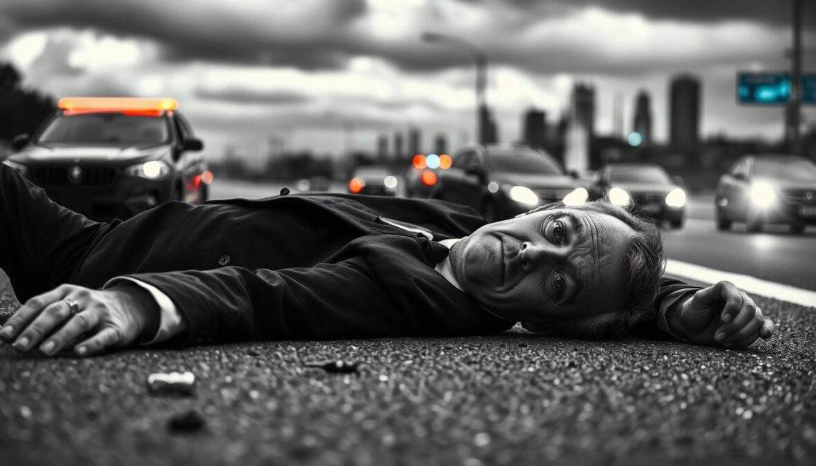 A dramatic black and white scene on a busy highway, showcasing a middle-aged man, Tom Kowalski, dressed in a professional suit, lying injured on the asphalt. He appears concerned yet resilient, with deep shadows highlighting his facial expressions. In the foreground, a few scattered debris suggest chaos, while emergency lights cast punctuated colors - red and blue - illuminating the scene. The middle ground features blurred vehicles passing by, emphasizing the urgency of the moment. In the background, blurred silhouettes of distant buildings and a cloudy sky create a tense atmosphere. Soft natural lighting contrasts with harsh artificial lights, enhancing the mood of despair and hope as the man prepares for his comeback. A dramatic black and white scene on a busy highway, showcasing a middle-aged man, Tom Kowalski, dressed in a professional suit, lying injured on the asphalt. He appears concerned yet resilient, with deep shadows highlighting his facial expressions. In the foreground, a few scattered debris suggest chaos, while emergency lights cast punctuated colors - red and blue - illuminating the scene. The middle ground features blurred vehicles passing by, emphasizing the urgency of the moment. In the background, blurred silhouettes of distant buildings and a cloudy sky create a tense atmosphere. Soft natural lighting contrasts with harsh artificial lights, enhancing the mood of despair and hope as the man prepares for his comeback.