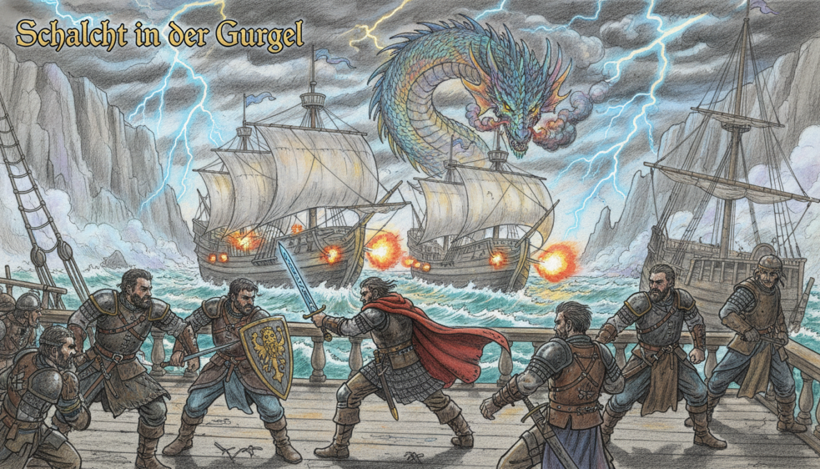 A dramatic depiction of a maritime battle titled "Schlacht in der Gurgel," set against a tumultuous sky filled with dark, swirling clouds. In the foreground, a group of armored warriors in modest attire engage in combat on the deck of a large wooden ship, their expressions intense and focused. The middle ground features several ships locked in battle, with billowing sails and splashing waves, while a sea dragon looms ominously above them, its scales accented in vibrant colors contrasting with the monochrome setting. In the background, jagged cliffs rise sharply from the turbulent sea, partially shrouded in mist. The lighting is dynamic, with flashes of lightning illuminating the scene, casting dramatic shadows to enhance the mood of chaos and valor, all illustrated in pencil sketch style with selective colorful highlights.