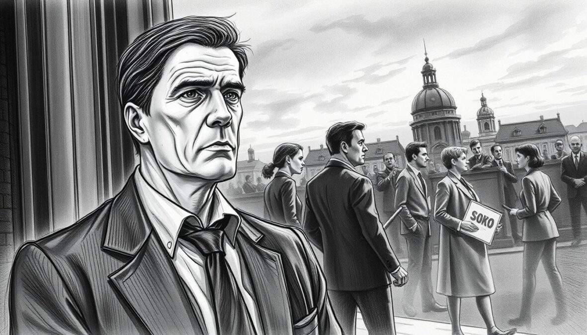 A dramatic scene capturing Jan Maybach's farewell from SOKO Leipzig, illustrated in pencil with selective color accents. In the foreground, Jan Maybach stands prominently, portrayed in professional attire, expressing a mix of determination and melancholy. His surroundings depict two other key characters in the middle ground, engaged in a tense conversation, their expressions mirroring the gravity of the moment. The background reveals a dimly lit cityscape of Leipzig, with shadowy outlines of buildings and a somber sky, enhancing the dramatic atmosphere. The lighting should be soft and moody, emphasizing emotional depth, with a focus on depth of field to create a sense of intimacy. This artwork should evoke a sense of finality and suspense, reflecting the intense moments of a three-part finale.