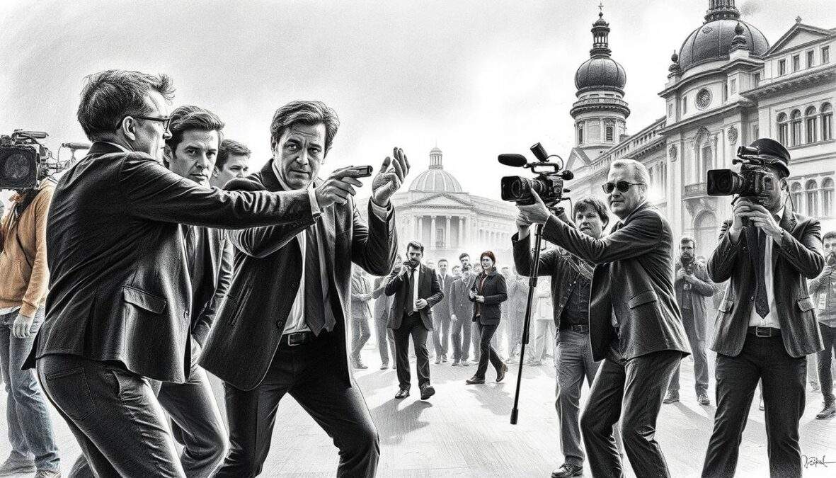 A dynamic behind-the-scenes action scene featuring a film set from "SOKO Wien," illustrating the tense atmosphere of a police drama. In the foreground, a diverse group of actors in professional business attire passionately rehearses a thrilling moment, their expressions intense and focused. The middle ground reveals a bustling crew, including camera operators and sound technicians, all engaged in their tasks, capturing each detail of the scene. The background showcases an urban Vienna skyline with historic architecture, slightly blurred to draw attention to the foreground activities. The overall lighting is dramatic, with high contrast, backlit to create a sense of urgency. The image is rendered in pencil black and white, with selective color accents highlighting flashes of emergency lights and props, enhancing the excitement and energy of the filming process.