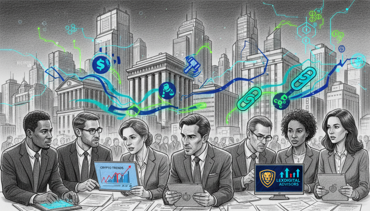 A dynamic black and white illustration depicting regulatory developments and institutional influences in the cryptocurrency sector. In the foreground, a diverse group of professionals in business attire, animatedly discussing over documents and digital displays showcasing cryptocurrency trends. In the middle, stylized representations of financial institutions and regulatory bodies, symbolized by imposing buildings and abstract icons of law and finance. The background features a city skyline with hints of technological advancement, like digital networks and blockchain motifs. Pointed color accents highlight specific elements such as graphs or logos, adding vibrancy to the otherwise monochrome scene. The mood is serious and forward-looking, reflecting a pivotal moment in the evolution of cryptocurrencies, with focused lighting enhancing the sense of urgency and importance.