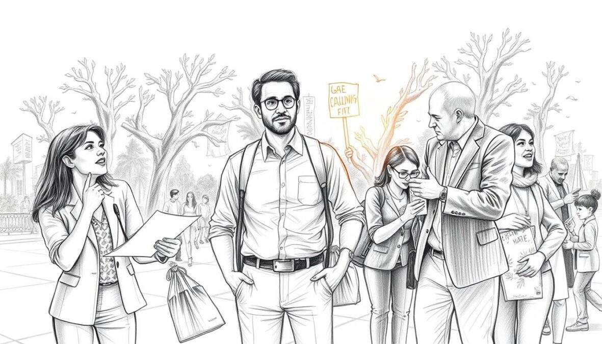 A dynamic black-and-white pencil sketch portraying a group of individuals engaged in various forms of social and political activities. In the foreground, depict three diverse people in professional attire: a woman passionately speaking at a community meeting, a man organizing a local charity event, and another person interacting with children in a vibrant community center. In the middle ground, include subtle elements of activism, like banners and informational pamphlets, blending into the scene. The background should feature an urban park symbolizing a sense of community, gently illuminated by warm sunlight filtering through trees. Add occasional color accents to highlight elements like the banners and clothing, creating an uplifting and inspiring atmosphere.