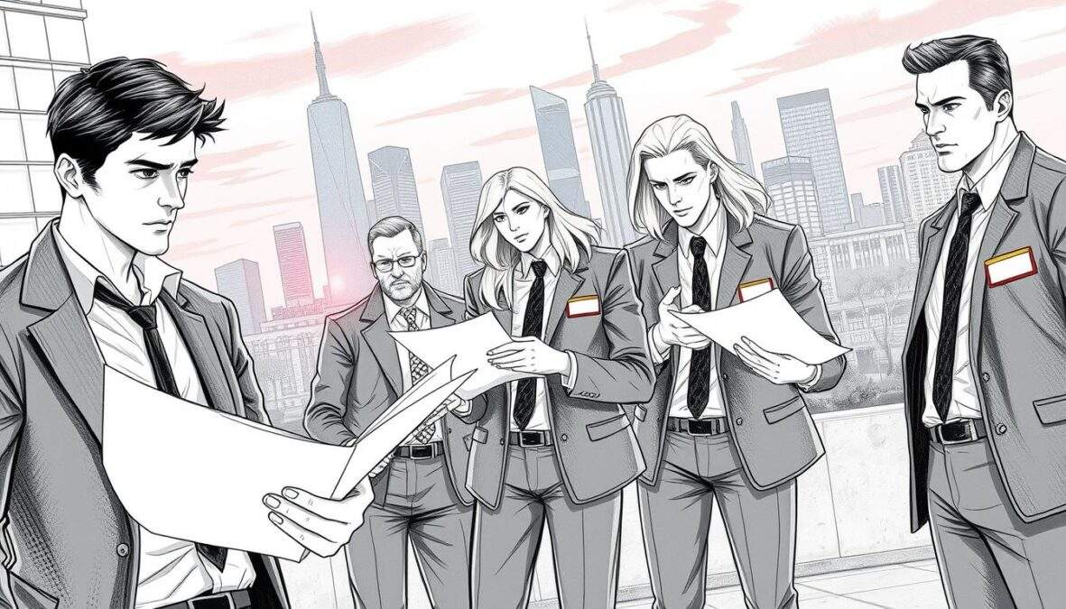 A dynamic investigative team scene inspired by "SOKO Donau," featuring a diverse group of five detectives in professional business attire, poised in a modern urban setting. In the foreground, focus on a tall male detective with short dark hair, examining a file, while a female colleague with wavy blond hair takes notes. In the middle ground, two detectives exchange information, one gesturing expressively, conveying teamwork and urgency. Behind them, a sleek city skyline at dusk, with soft pink and orange hues illuminating the buildings. The image should be in black and white with pencil shading, incorporating specific colorful accents on their badges and gadgets. The overall atmosphere should emanate professionalism and determination, with dramatic but soft lighting to enhance the characters' expressions and the vitality of the scene. A dynamic investigative team scene inspired by "SOKO Donau," featuring a diverse group of five detectives in professional business attire, poised in a modern urban setting. In the foreground, focus on a tall male detective with short dark hair, examining a file, while a female colleague with wavy blond hair takes notes. In the middle ground, two detectives exchange information, one gesturing expressively, conveying teamwork and urgency. Behind them, a sleek city skyline at dusk, with soft pink and orange hues illuminating the buildings. The image should be in black and white with pencil shading, incorporating specific colorful accents on their badges and gadgets. The overall atmosphere should emanate professionalism and determination, with dramatic but soft lighting to enhance the characters' expressions and the vitality of the scene.