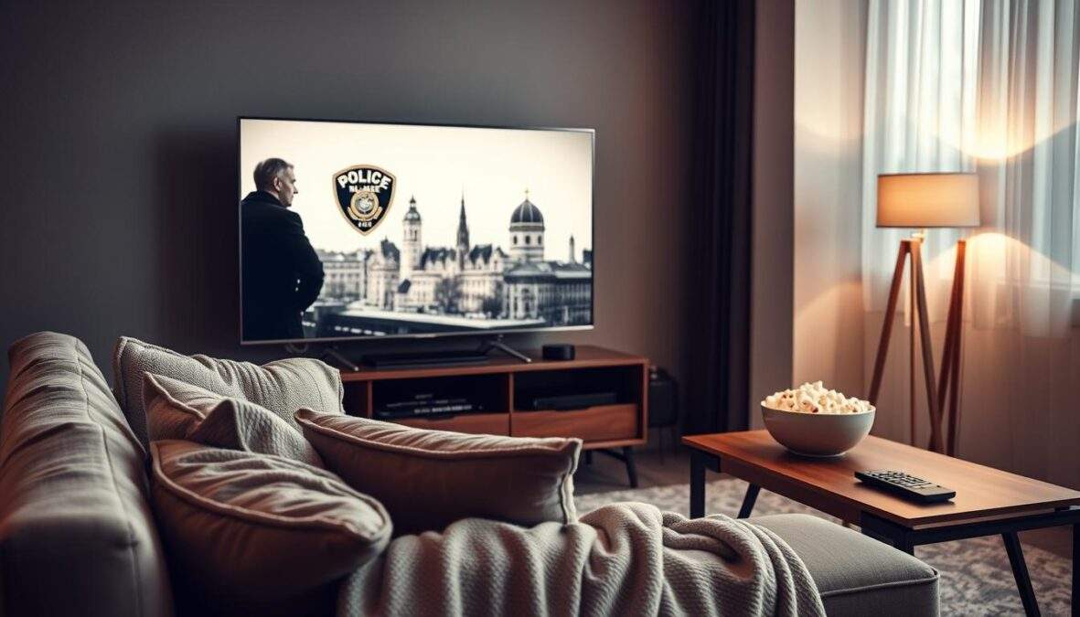 A dynamic scene depicting a cozy living room setup ideal for watching "SOKO München." In the foreground, a comfortable sofa with pillows invites viewers to sit, adorned with a soft throw blanket. A large, sleek flat-screen TV displays a scene from a "SOKO München" episode, blending shades of black and white with crisp, colorful accents of a police badge and Munich skyline in the background. To the right, a wooden coffee table holds a bowl of popcorn and a remote, emphasizing a relaxed viewing atmosphere. The middle ground is illuminated by gentle, warm lighting from a stylish floor lamp, creating an inviting ambiance. The overall mood is engaging and cozy, appealing to both new fans and seasoned marathon watchers.