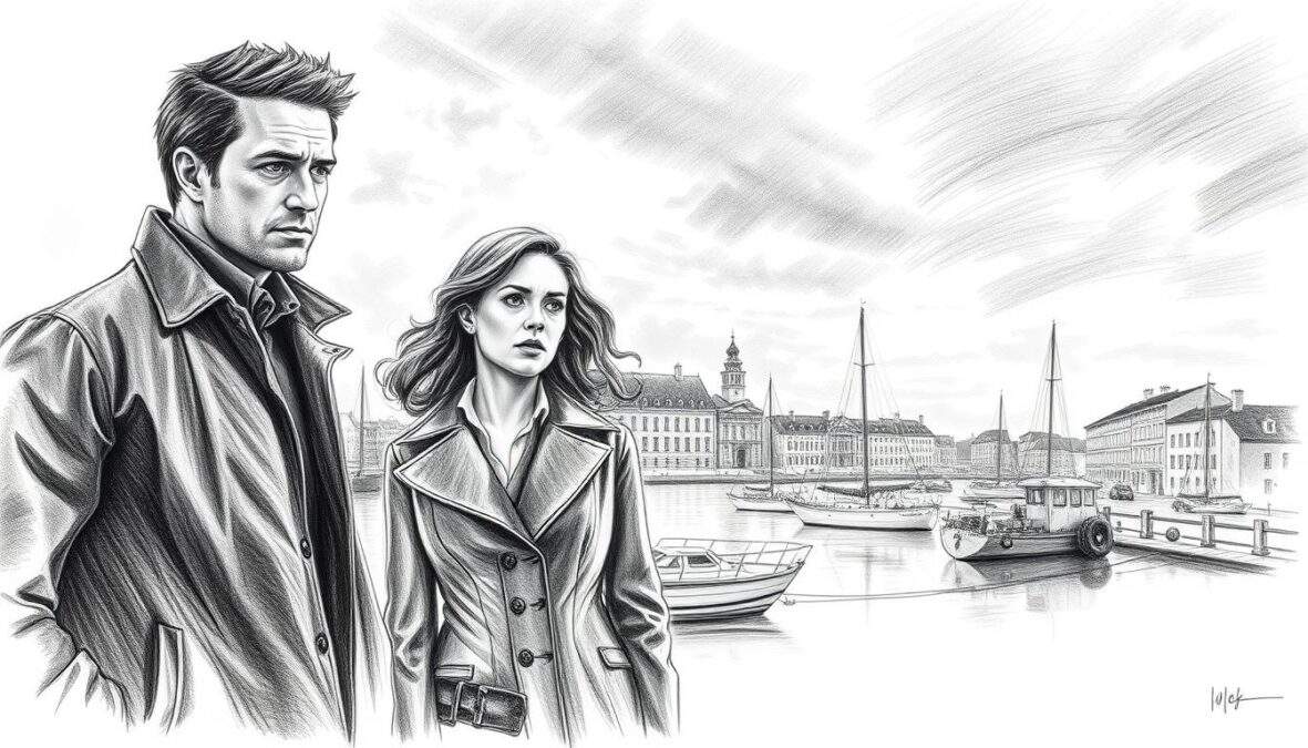 A dynamic scene depicting a scene from "SOKO Wismar Staffel 22" in black and white pencil sketch style with selective color accents. In the foreground, two detectives, a man and a woman, are engaged in conversation, dressed in professional attire, facial expressions reflecting seriousness and determination. In the middle ground, a glimpse of the picturesque Wismar harbor, with boats and historic buildings emphasizing the show's setting. The background features a dramatic sky, hinting at an upcoming investigation. Soft lighting enhances the mood, casting subtle shadows that evoke a sense of intrigue. The overall atmosphere is one of suspense and excitement, capturing the essence of the series while illustrating the theme of upcoming show dates.