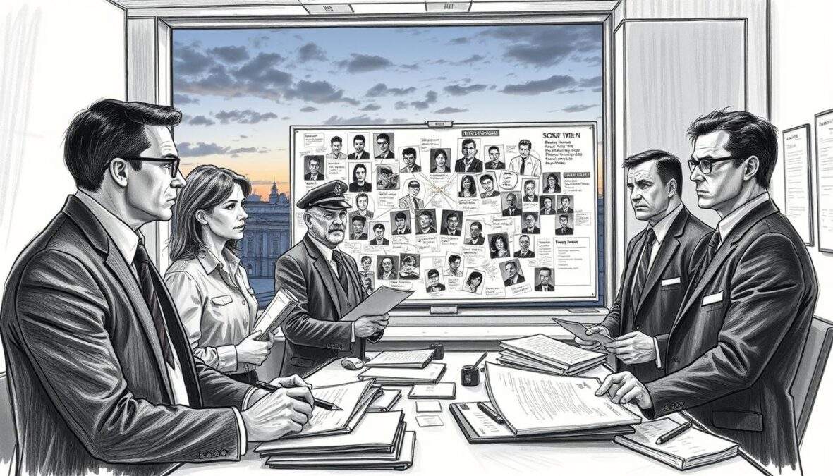 A dynamic scene depicting a tense investigation office inside a Vienna police station, focusing on SOKO Wien detectives intensely studying evidence and files under artificial lighting. In the foreground, a diverse group of four detectives in professional business attire are engaged in a discussion, with serious expressions reflecting the weight of their current case. In the middle ground, a large board filled with photographs, maps, and notes reveals connections between various suspects, showcasing the complex narrative of their investigation. The background features a window with a view of Vienna’s iconic architecture partially illuminated by the twilight sky, creating a dramatic atmosphere. Use pencil sketch style in black and white, with selective color accents on the detectives' badges and case files to highlight key elements.