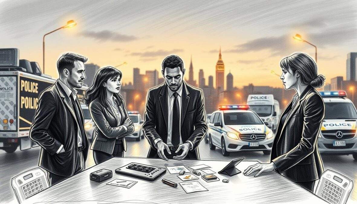 A dynamic scene depicting an intricate crossover event in the SOKO universe, featuring multiple teams of detectives working collaboratively. In the foreground, three detectives of diverse ethnic backgrounds, wearing professional business attire in black and white, are engaged in an animated discussion, examining evidence on a table. The middle ground includes a variety of police vehicles and a mobile command unit, symbolizing the collaboration between different teams. The background features a blurred cityscape at dusk with streetlights casting a warm, inviting glow. The image is rendered in pencil sketch style, with selective color accents on the badges and evidence, creating a striking contrast. The overall atmosphere conveys urgency and teamwork, emphasizing the thrill of the investigation.