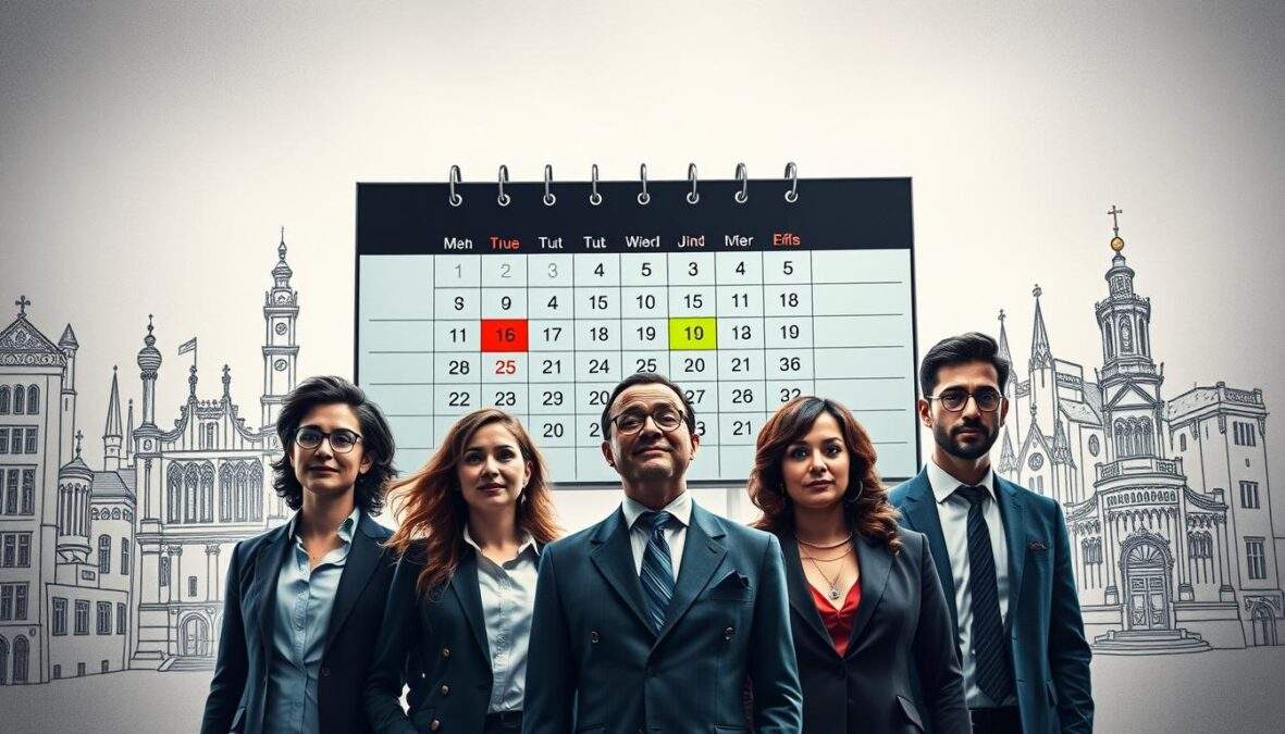 A dynamic scene depicting the essence of "SOKO Köln 2026" focusing on the theme of "Sendetermine und Darsteller." In the foreground, a group of five diverse actors in professional business attire, each displaying distinct expressions conveying excitement and teamwork. The middle layer features a large digital calendar with highlighted dates in vibrant colors, symbolizing the air dates of the new episodes. The background shows an iconic Köln skyline sketched in black and white, with subtle hints of color on notable landmarks. Soft lighting adds an atmospheric depth, creating a sense of anticipation for the upcoming show. The overall mood is energetic and engaging, capturing the essence of a thrilling crime drama series.