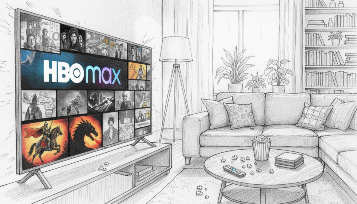 A dynamic scene depicting the launch of HBO Max, set in a cozy, modern living room. In the foreground, a sleek, large-screen television displays the HBO Max logo prominently, showcasing vibrant thumbnails of popular shows, including imagery suggestive of "Knight of the Seven Kingdoms" in the color accents. The middle layer features an inviting couch adorned with plush cushions, a stylish coffee table scattered with snacks, and a remote control. In the background, soft ambient lighting creates a warm and welcoming atmosphere, complemented by decorative shelves filled with books and plants. The overall mood is one of excitement and anticipation, capturing the essence of streaming culture. The image should be crafted in black and white pencil style, with selective pops of color highlighting the HBO Max elements.