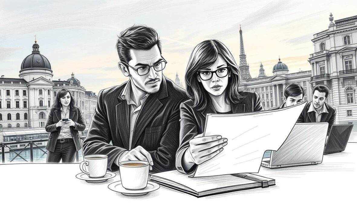 A dynamic scene featuring a diverse team of personal investigators from SOKO Wien, set in an urban Vienna backdrop. In the foreground, focus on two detectives in professional business attire—one male and one female—examining a case file with keen expressions, their features detailed and engaging. The middle ground reveals additional team members, discussing clues around a table with laptops and coffee cups, showcasing teamwork and focus. In the background, iconic Vienna architecture and a hint of the Danube River provide context, bathed in soft natural light of a twilight sky. The image is rendered in black and white pencil sketch style, accented with subtle colors like blue and yellow, conveying a sense of urgency and camaraderie. A dynamic scene featuring a diverse team of personal investigators from SOKO Wien, set in an urban Vienna backdrop. In the foreground, focus on two detectives in professional business attire—one male and one female—examining a case file with keen expressions, their features detailed and engaging. The middle ground reveals additional team members, discussing clues around a table with laptops and coffee cups, showcasing teamwork and focus. In the background, iconic Vienna architecture and a hint of the Danube River provide context, bathed in soft natural light of a twilight sky. The image is rendered in black and white pencil sketch style, accented with subtle colors like blue and yellow, conveying a sense of urgency and camaraderie.