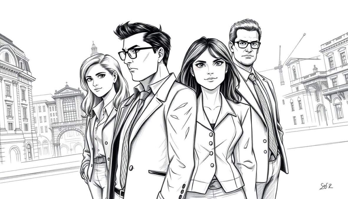A dynamic scene featuring the "SOKO Wien Team" from Season 20, depicted in a black and white pencil sketch style with selective color accents. In the foreground, the diverse team members, dressed in professional business attire, stand confidently. Each character reflects their unique personality - a thoughtful detective, a tech-savvy analyst, and a strong leader, all exuding camaraderie and determination. The middle ground showcases a stylized cityscape of Vienna, hinting at the setting of their investigations. In the background, the iconic architecture of Vienna is softly detailed, adding depth. The lighting should be balanced, highlighting the team's faces while casting gentle shadows. Capture a mood of anticipation and teamwork, embodying the essence of collaboration and mystery.