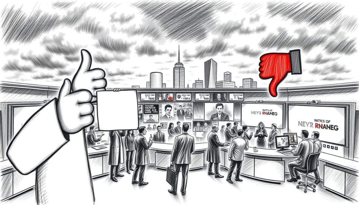 A dynamic scene illustrating the concept of "mixed reviews" regarding a televised crime investigation series. In the foreground, an abstract representation of divided opinions, featuring a stylized figure holding two contrasting signs: one with a thumbs up and the other with a thumbs down. The middle ground reveals a bustling newsroom filled with journalists in professional attire, immersed in discussions, surrounded by screens showing varying ratings. In the background, a stylized city skyline under a cloudy sky, symbolizing the duality of public reception. The entire image is in pencil black and white, highlighted with pointed color accents on the signs and newsroom screens. The mood is tense yet energetic, suggesting the vibrant but conflicting reactions to the show. Soft focused lighting emphasizes the contrasting elements, capturing the essence of a successful yet polarizing series.