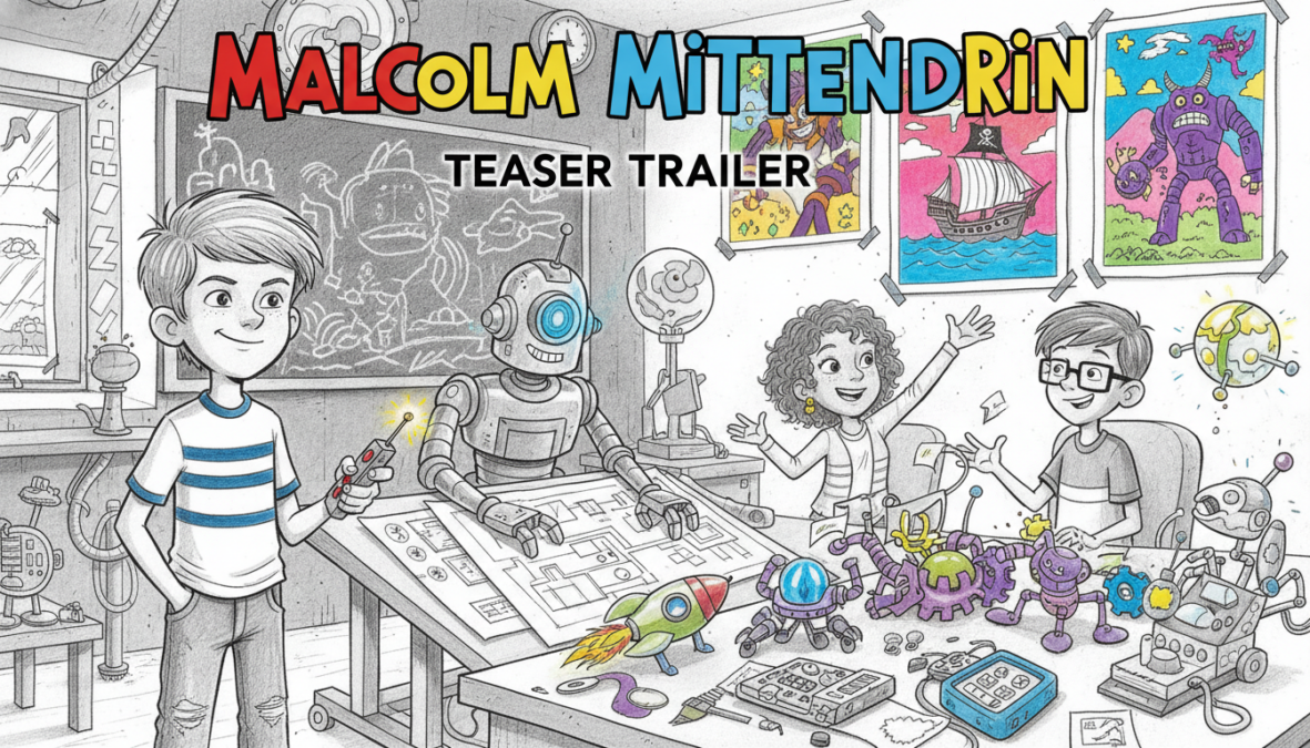A dynamic scene reflecting the essence of "Malcolm Mittendrin Teaser Trailer," showcasing a vibrant cartoonish office filled with quirky gadgets. In the foreground, a young boy with unruly hair, wearing a classic T-shirt and jeans, animatedly stands with a mischievous grin, holding a remote control. In the middle, a friendly humanoid robot analyzes blueprints, while two diverse friends gesture excitedly around a table cluttered with colorful inventions. The background features chalkboard drawings and bright posters of past adventures. Soft, diffused lighting illuminates the space, creating a whimsical atmosphere. The artwork is in sharp black and white pencil with selective bright color accents, capturing a playful yet focused mood.