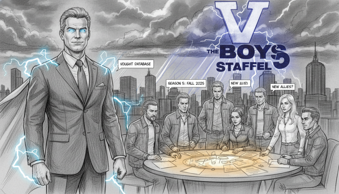 A dynamic scene showcasing the characters from "The Boys Staffel 5," depicted in a black and white pencil sketch style with selective color accents to highlight key elements. In the foreground, feature a powerful hero in a professional business suit, exuding confidence, with a determined expression. In the middle ground, include a group of diverse characters, dressed in casual yet professional attire, discussing a crucial strategy, each with unique traits and expressions that hint at their personalities. The background should depict a city skyline, symbolizing the high-stakes environment of the series, with moody, dramatic lighting casting shadows to enhance tension. The overall atmosphere is intense and suspenseful, inviting viewers into the world of "The Boys" while reflecting the focus on important facts and release dates for Staffel 5.