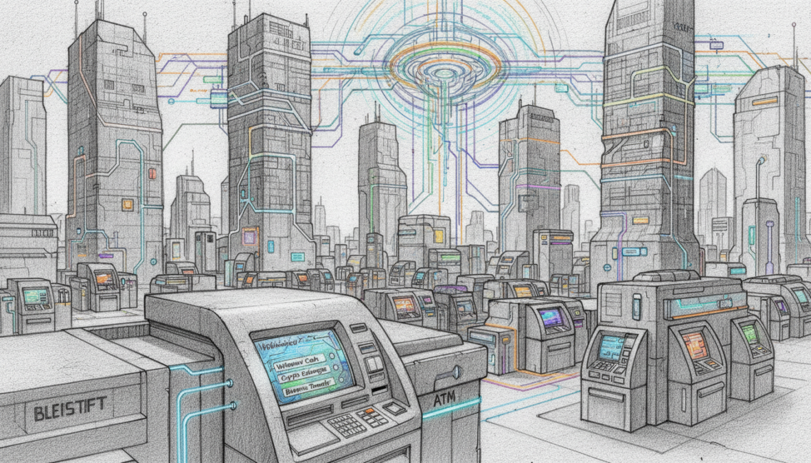 A futuristic city landscape depicting an extensive network of ATM machines interconnected through digital lines and nodes, illustrating withdrawal options. In the foreground, a sleek ATM stands with a digital screen displaying various options. The middle ground features clusters of ATMs, each designed with modern aesthetics and subtle colored accents, surrounded by urban architecture. The background shows towering skyscrapers with data streams flowing between them, bathed in soft ambient lighting to create a secure and advanced atmosphere. The scene is rendered in pencil in black and white, with pointed colored accents on the ATMs and screens to highlight functionality. The overall mood conveys innovation, security, and convenience in banking.