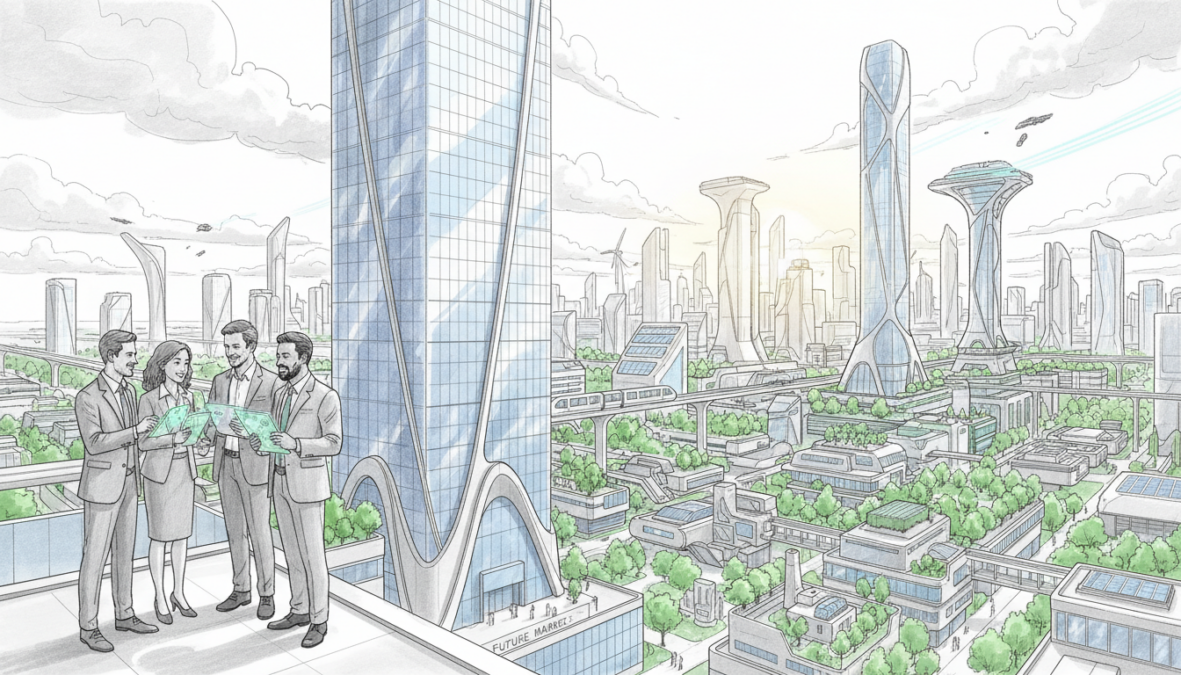 A futuristic cityscape depicting potential real estate market developments in 2026. In the foreground, a modern glass skyscraper reflects the light, while a diverse group of business professionals in smart attire engage in dialogue, analyzing data on tablets. The middle ground features an urban hub, bustling with activity, showcasing various architectural styles, green spaces, and innovative housing solutions. In the background, a skyline with futuristic buildings and wind turbines signifies sustainability and progress. Soft, ambient lighting enhances the scene, creating a hopeful atmosphere. The illustration is in black and white pencil with selective color accents highlighting key elements like the skyscraper’s reflective surfaces and the vibrant greenery. The image should convey a sense of optimism about future market influences and developments.