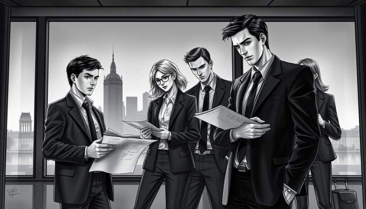 A group of five detectives from the SOKO München series stands in a dimly lit, modern office environment. In the foreground, a male detective with short dark hair, wearing a tailored dark suit, is examining a case file with a focused expression. Beside him, a female detective with medium-length blonde hair in a smart blazer is discussing a clue, her posture confident and engaged. In the middle ground, two additional team members, a male and a female, are reviewing documents and engaging in discussion, showcasing a collaborative atmosphere. The background features a large window depicting the iconic Munich skyline, softly illuminated by evening light. The entire image is rendered in sharp black and white pencil style, with selective color accents highlighting the detectives' ties and a few case-related props, creating a professional yet dynamic mood.