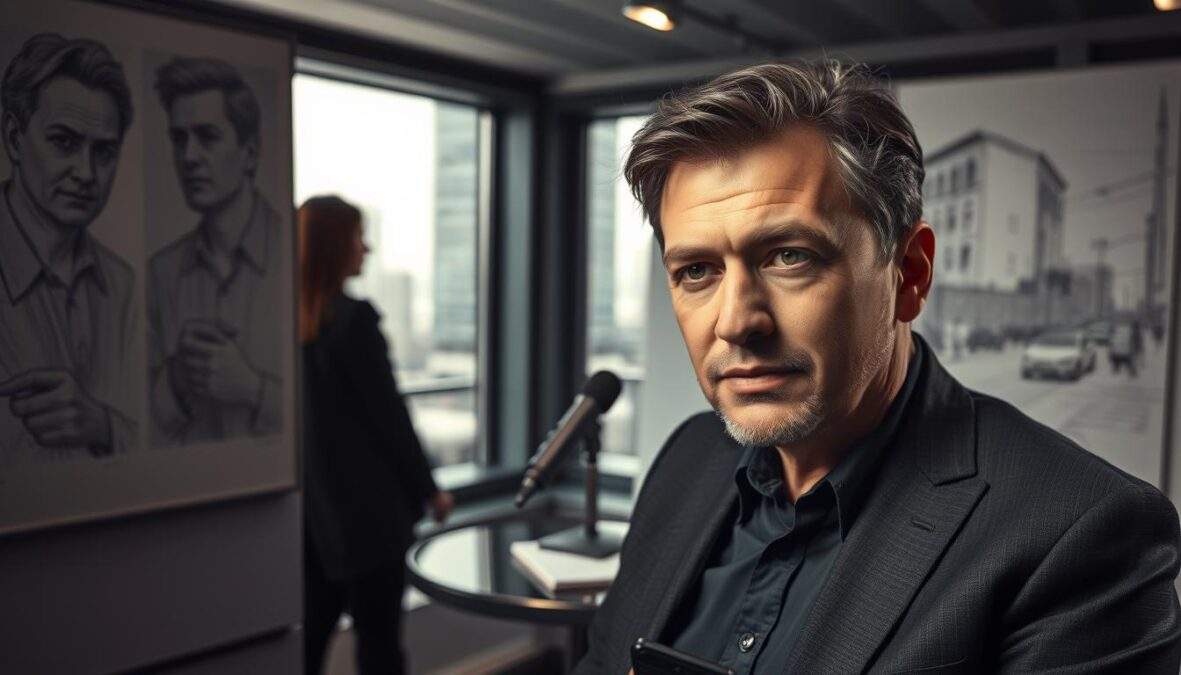 A heartfelt and introspective scene featuring Marco Girnth, portraying him in a professional setting as he reflects on his role as Jan Maybach, surrounded by black and white pencil sketches with selective color accents highlighting his emotions. In the foreground, capture Girnth's expressive face, showcasing a mix of determination and melancholy, dressed in a stylish, modest business suit. In the middle, depict a small table with a microphone and notepad, symbolizing the interview atmosphere. The background should feature softly blurred elements of an urban setting, suggesting a cityscape. Use soft, diffused lighting to create an intimate mood, emphasizing his thoughtful expression. The angle should be slightly elevated, focusing on his face and upper body, creating a connection with the viewer while maintaining a professional look.
