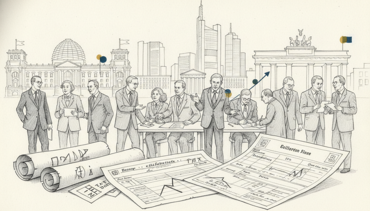 A historical timeline illustration of the "Solidaritätszuschlag", depicted in a pencil drawing style with intricate black and white details. The foreground features significant legislative documents and vintage tax forms, representing key developments. In the middle, a series of stylized figures in professional business attire are engaged in discussions and deliberations, symbolizing the societal impact of the tax over time. The background showcases a blend of iconic German landmarks, subtly integrating colored accents to highlight important milestones. The atmosphere is reflective and serious, with soft, diffused lighting to evoke a sense of history and solemnity. The overall composition conveys a deep sense of progression and legal evolution without any text or distractions.
