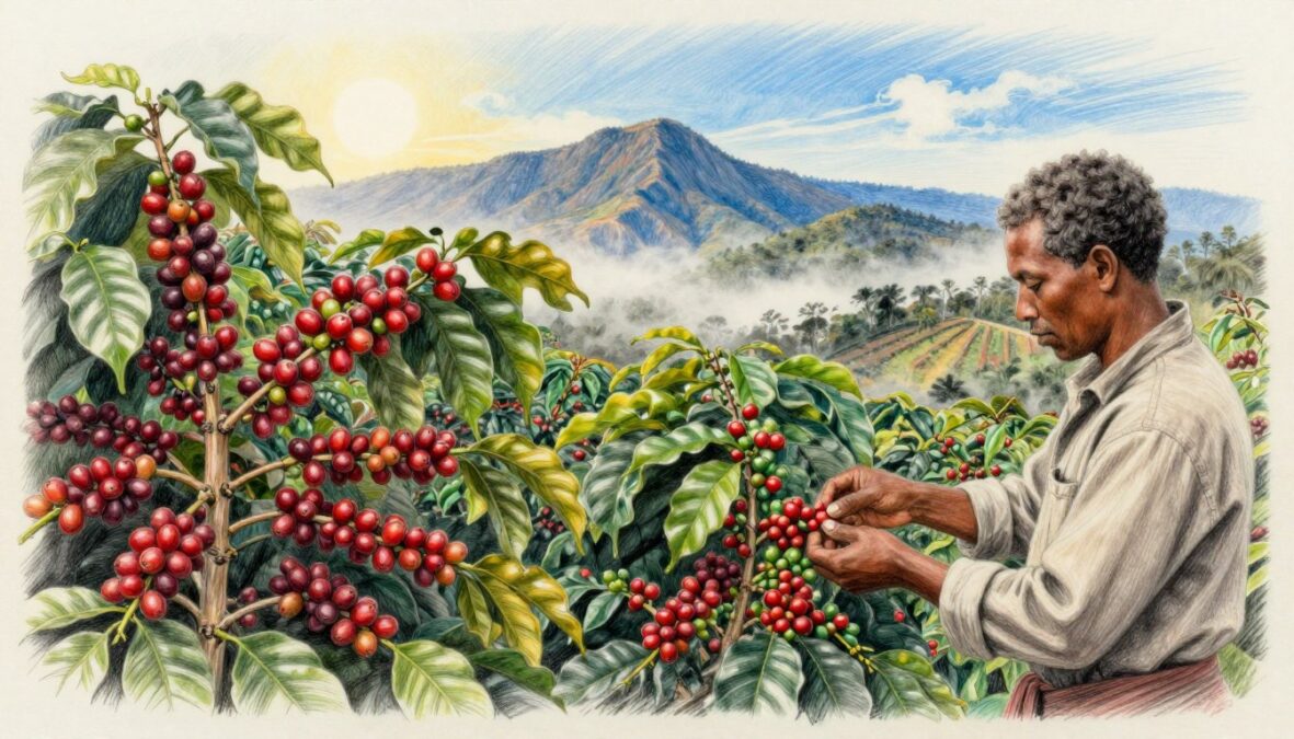 A lush Jamaican Blue Mountain Kaffee farm, showcasing meticulously arranged rows of coffee plants laden with ripe red coffee cherries. In the foreground, a farmer, dressed in modest casual clothing, gently picks cherries, highlighting the artisanal nature of the harvest. The middle ground features a breathtaking view of the Blue Mountains, shrouded in a soft mist that enhances the sense of tranquility and natural beauty. The background captures a bright blue sky with wispy clouds, casting a warm glow over the scene, creating an inviting atmosphere. The image is rendered in detailed pencil sketch style, with selective color accents on the coffee cherries and the vibrant green leaves, evoking the rich contrast of the surroundings, all under soft, diffused lighting to emphasize the serene mood.