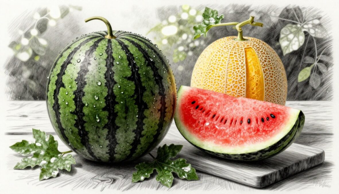 A luxurious Densuke watermelon, known for its exceptional sweetness and deep black skin, placed elegantly on a textured wooden table. The foreground features glistening beads of dew on the ripe watermelon, contrasting with the rich green foliage around it. In the middle ground, a Taiyō no Tamago melon, golden and perfectly shaped, sits next to the Densuke, showcasing its vibrant color. The background is softly blurred, hinting at a serene garden with dappled sunlight filtering through leaves. The scene is rendered in pencil sketch style with bold black and white tones, accented by selective splashes of enchanting color that highlight the melons, creating an inviting and sophisticated atmosphere. The mood is one of opulence and nature's bounty, emphasizing the rarity and luxury of these exquisite fruits.