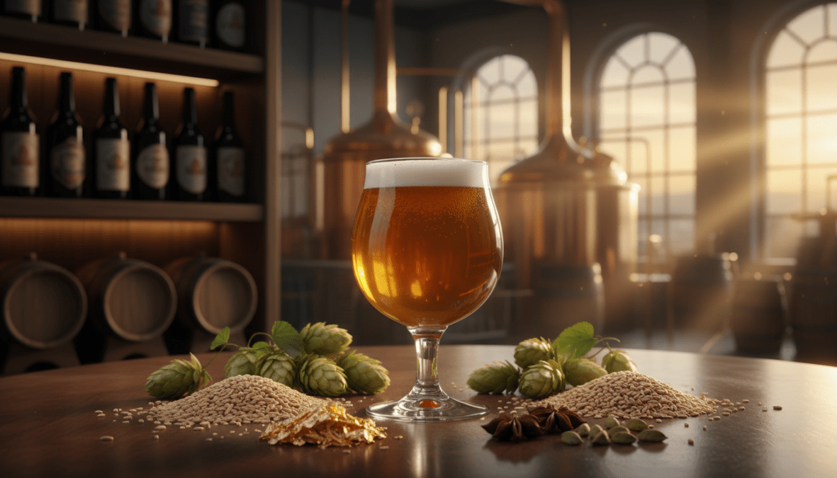 A luxurious and elegant setting showcasing the factors driving high beer prices. In the foreground, a beautifully crafted glass of rich golden craft beer, adorned with a delicate frothy head, sits on a polished wooden table. Surrounding the glass are intricate elements like rare hops, artisanal malt grains, and a variety of unique ingredients, such as edible gold flakes and exotic spices, symbolizing quality. In the middle ground, shelves lined with vintage beer bottles and barrels can be seen, with a gentle play of warm, ambient light creating a cozy atmosphere. The background features soft-focus images of a brewery in operation, with copper brewing equipment and a soothing sunset pouring in through large windows. The overall mood is sophisticated and inviting, emphasizing the luxurious nature of high-end craft beer. A luxurious and elegant setting showcasing the factors driving high beer prices. In the foreground, a beautifully crafted glass of rich golden craft beer, adorned with a delicate frothy head, sits on a polished wooden table. Surrounding the glass are intricate elements like rare hops, artisanal malt grains, and a variety of unique ingredients, such as edible gold flakes and exotic spices, symbolizing quality. In the middle ground, shelves lined with vintage beer bottles and barrels can be seen, with a gentle play of warm, ambient light creating a cozy atmosphere. The background features soft-focus images of a brewery in operation, with copper brewing equipment and a soothing sunset pouring in through large windows. The overall mood is sophisticated and inviting, emphasizing the luxurious nature of high-end craft beer.