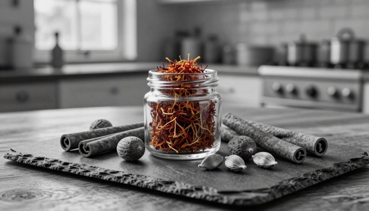 A luxurious arrangement of premium spices: whole nutmeg, cinnamon sticks, and cardamom pods, elegantly displayed on a polished wooden table. In the foreground, show a beautifully textured piece of dark slate embellishing the scene, contrasting with the spices. In the middle, a delicate glass jar filled with rich, vibrant saffron strands is placed beside the spices to highlight their quality. The background features a softly blurred kitchen setting infused with warm, inviting lighting from a rustic window, creating a cozy atmosphere. The image should be in black and white pencil style, with selective color accents on the spices, enhancing their rich hues. Aim for a sophisticated and artisanal feel, capturing the essence of these exquisite ingredients in premium quality.
