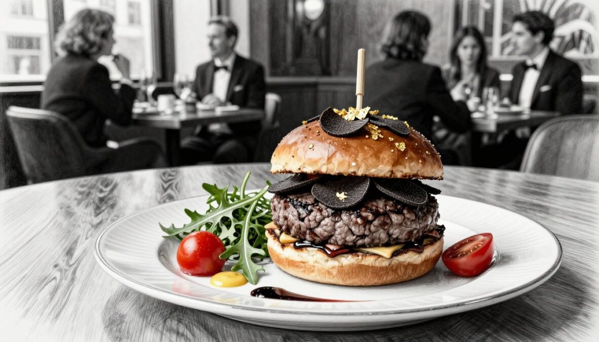 A luxurious burger presentation in a high-end New York restaurant setting. In the foreground, a gourmet Wagyu beef burger, topped with exquisite black truffles and delicately adorned with edible gold leaf, sits prominently on a sleek, elegant plate. Vibrant, colorful garnishes, like arugula and cherry tomatoes, are artistically arranged around the burger. In the middle, a polished wooden table reflects soft, atmospheric lighting that highlights the burger's rich textures. In the background, blurred silhouettes of sophisticated diners in business attire create a refined ambiance. The scene is rendered in pencil sketch style with black and white tones, accented by selective splashes of color, emphasizing the opulence of the culinary artwork. The overall mood conveys indulgence and exclusivity, inviting the viewer to savor this gourmet experience.