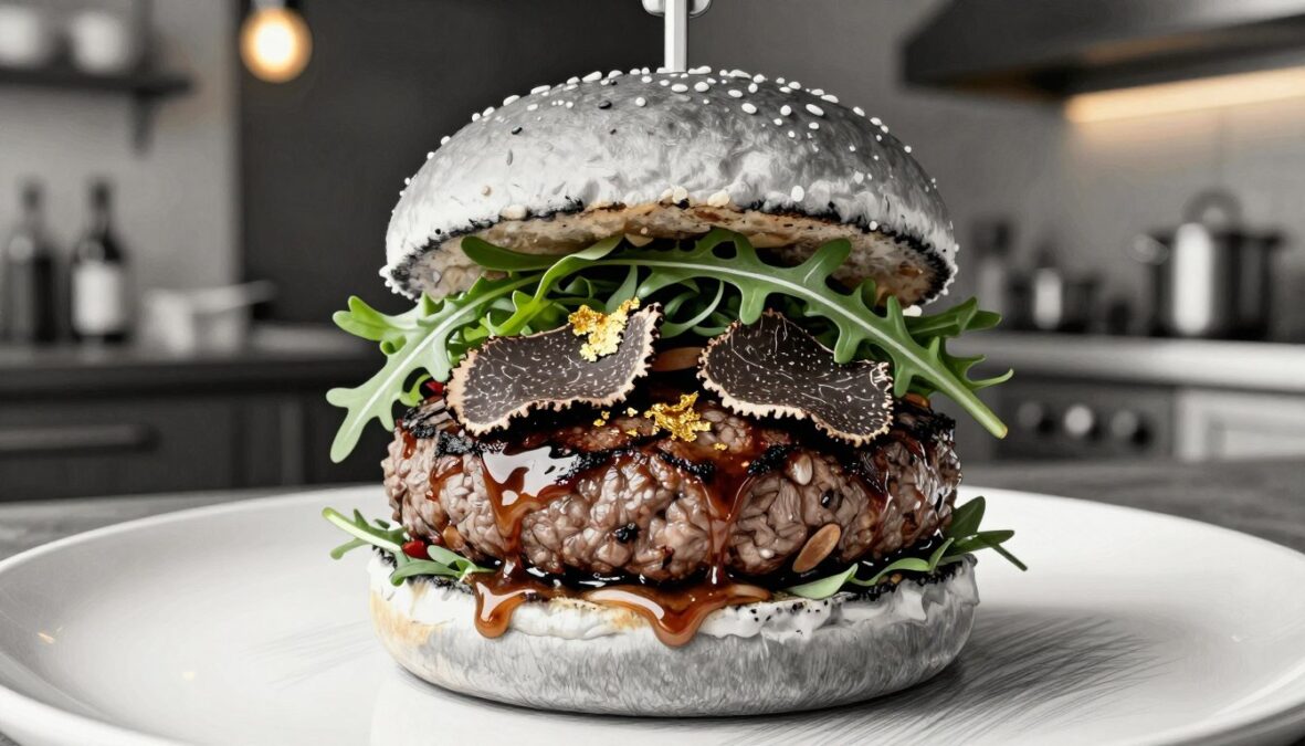 A luxurious burger presented as a centerpiece, showcasing its extravagant ingredients in a monochromatic pencil sketch style with selective colored accents. Foreground features a perfectly seared Wagyu beef patty, glistening with rich juices, topped with delicate slices of truffle and shiny flakes of edible gold. The middle layer includes fresh, vibrant greens like arugula and microgreens, contrasting sharply with the burger’s dark tones. In the background, a softly blurred gourmet kitchen setting emits warm, ambient lighting, enhancing the sumptuous feel. Capture this scene from a slightly elevated angle, emphasizing the burger's grandeur while maintaining an air of elegance and sophistication. Create an atmosphere of indulgence and culinary artistry.