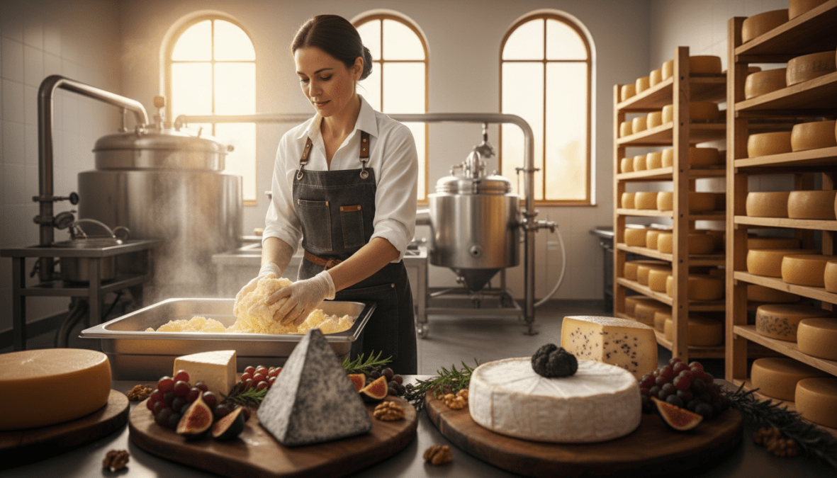 A luxurious cheese production scene showcasing an artisan cheesemaker in a pristine, modern facility. In the foreground, the cheesemaker, dressed in a stylish apron with elegant business attire underneath, is expertly handling rich, creamy cheese curds. The middle ground features a variety of gourmet cheeses displayed on wooden boards, highlighting exotic types like Pule and Truffle Brie, adorned with fresh herbs and seasonal fruits. The background reveals gleaming machinery and shelves stocked with rare cheeses. Soft, warm lighting bathes the scene, creating an inviting atmosphere, while a slight focus blur enhances the artisanal details. The angle captures the depth of the workspace, emphasizing the craftsmanship involved in creating luxury cheeses.