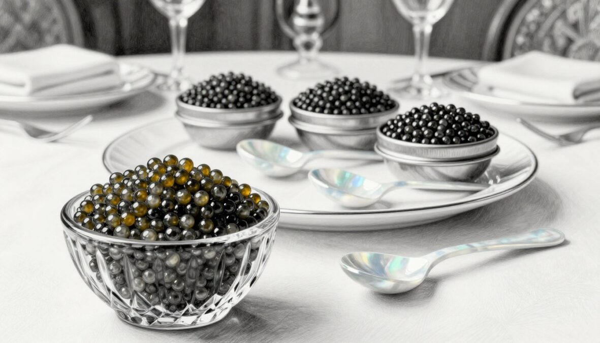 A luxurious display featuring the world’s most expensive caviar varieties: Beluga, Almas, and Ossetra. In the foreground, a beautifully crafted crystal bowl holds scoops of shimmering caviar, a mix of rich black, golden, and light gray pearls, glistening under soft, warm lighting. The middle layer presents elegant mother-of-pearl spoons, delicately placed beside the bowl, capturing reflections of light. In the background, a lavish dining setup with fine china and silk tablecloth establishes an opulent atmosphere. The image is rendered in pencil with black and white tones, accented by subtle colors of the caviar and table settings. The overall mood conveys sophistication and indulgence, ideal for readers seeking to appreciate the luxury of these rare culinary treasures.