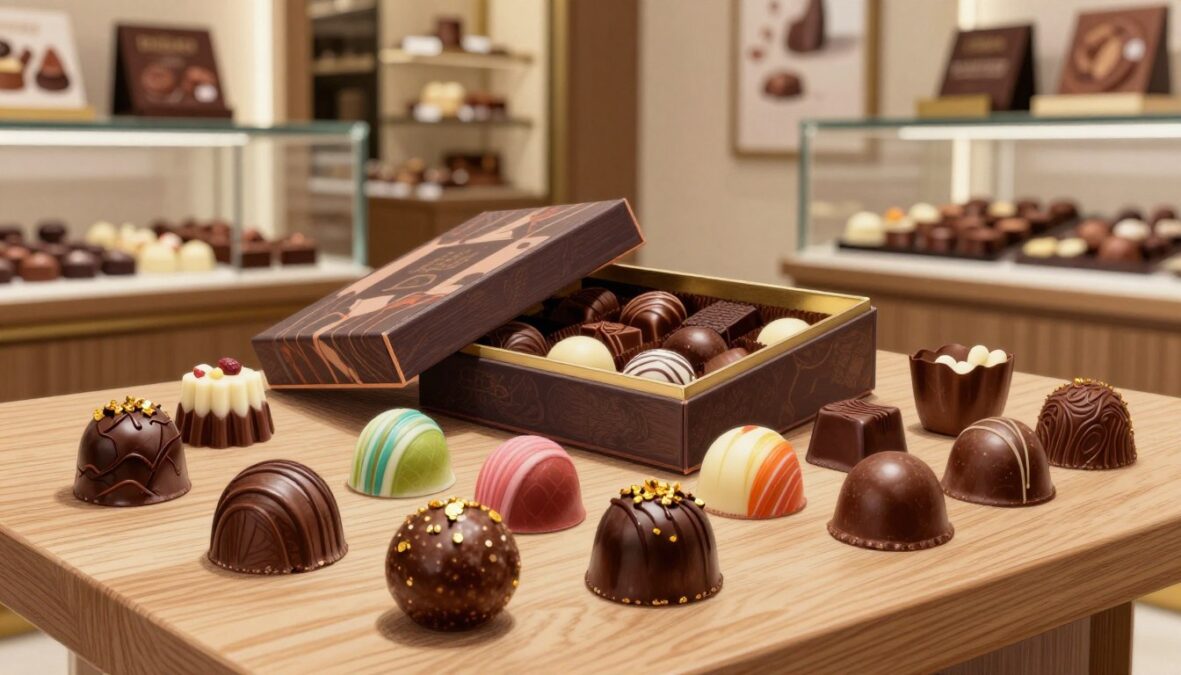 A luxurious display of expensive chocolates arranged elegantly on a wooden table, featuring an assortment of gourmet pralines with intricate designs. The foreground showcases glossy, dark chocolate truffles sprinkled with gold flakes, alongside vibrant-colored bonbons that radiate sophistication. In the middle, a beautifully crafted box, partially open, reveals more exquisite treats, their rich textures highlighted by soft, warm lighting. The background features blurred shelves of a high-end chocolate boutique, lined with glass display cases showcasing various premium chocolate brands. The atmosphere is refined and inviting, with gentle shadows adding depth. The image is in pencil sketch style, infused with selective pops of color to highlight the chocolates. The overall mood conveys luxury and indulgence, perfect for showcasing the world's most expensive chocolates.