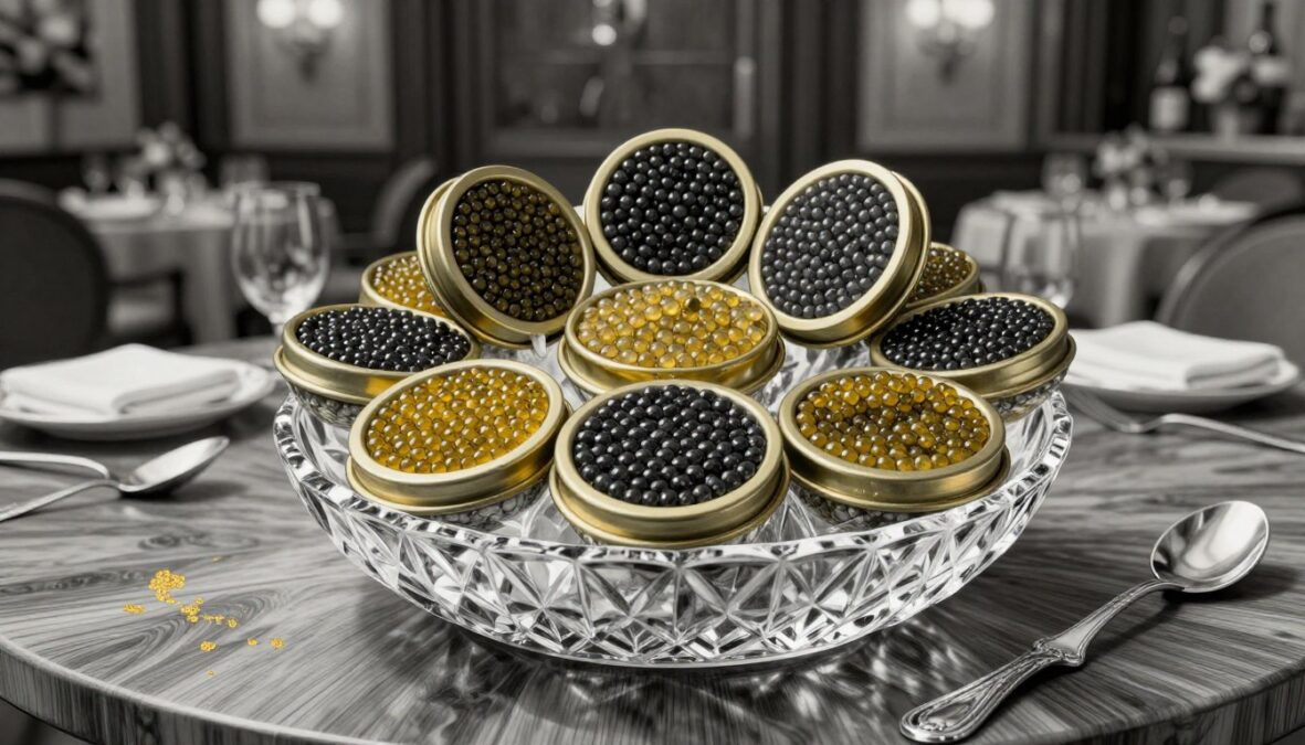 A luxurious display of premium caviar varieties including Beluga and Almas, elegantly arranged in a fine crystal dish. In the foreground, the caviar glistens with rich black and golden hues, surrounded by delicate spoons. The middle layer features a sophisticated, polished wooden table with high-end serving utensils and subtle touches of gold leaf, capturing the essence of luxury. In the background, a soft-focus opulent dining room with dim, warm lighting enhances the ambiance, showcasing tasteful décor. Pointed color accents suggest the vibrancy of the caviar's unique varieties against the monochrome pencil sketch style, emphasizing the value of the ultimate luxury. The atmosphere conveys exclusivity and refinement, inviting viewers to appreciate the sophisticated market of luxury caviar.