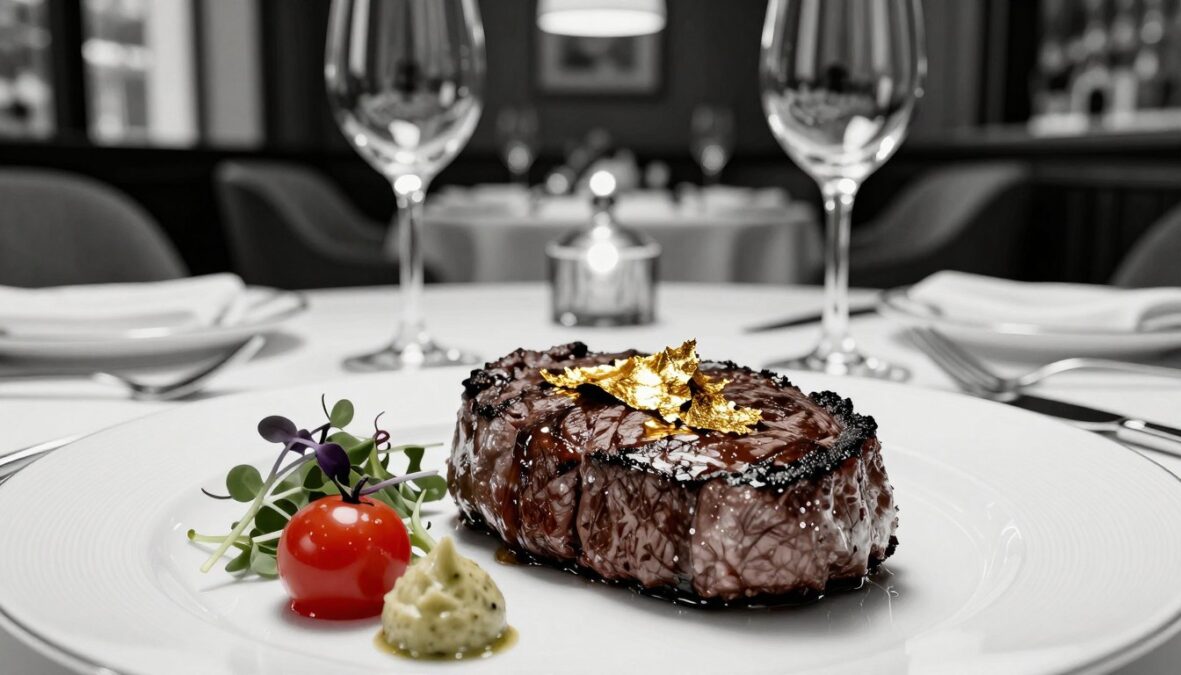 A luxurious gold steak delicately plated, glistening under soft, ambient lighting that highlights its rich marbling. The foreground features the steak topped with shimmering, edible gold leaf, surrounded by vibrant garnishes like microgreens and bright red cherry tomatoes. In the middle, a slightly blurred fine dining table is elegantly set with polished cutlery and crystal wine glasses, enhancing the opulent atmosphere. The background captures a softly lit upscale restaurant setting, with plush furnishings and elegant decor creating a sophisticated vibe. Use black and white pencil shading with selective bursts of color for the garnishes, creating a striking contrast that emphasizes the steak's luxurious presentation. The mood is indulgent and extravagant, reflecting the theme of ultra-premium culinary creations.