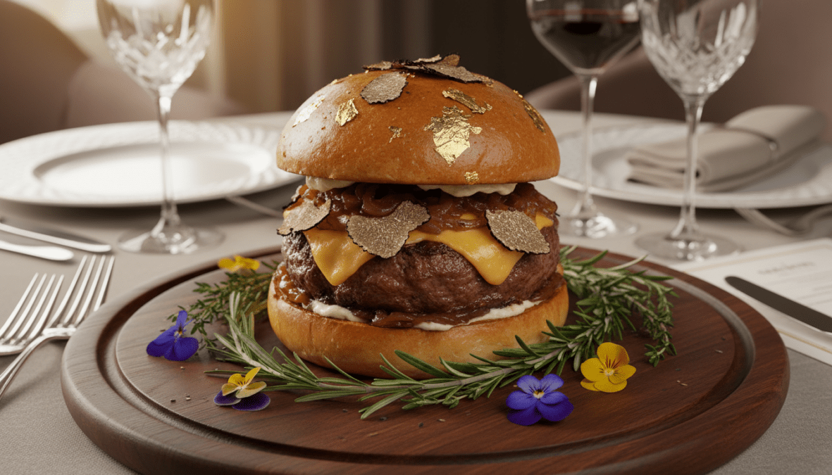 A luxurious gourmet burger artfully presented on an elegant wooden platter. In the foreground, the burger is stacked high with layers of marbled Wagyu beef, delicate black truffle shavings, and gleaming edible gold leaf. Surrounding the burger, a tasteful arrangement of fresh herbs and vibrant edible flowers adds color. In the middle, a soft-focus backdrop showcases a stylish dining table set with fine china and sparkling crystal goblets, hinting at a sophisticated culinary experience. Soft, warm lighting creates a cozy, inviting atmosphere, while a shallow depth of field sharpens the burger's rich textures. The camera angle is slightly above the burger, emphasizing its grandeur and artistry as a masterpiece in modern gastronomy.