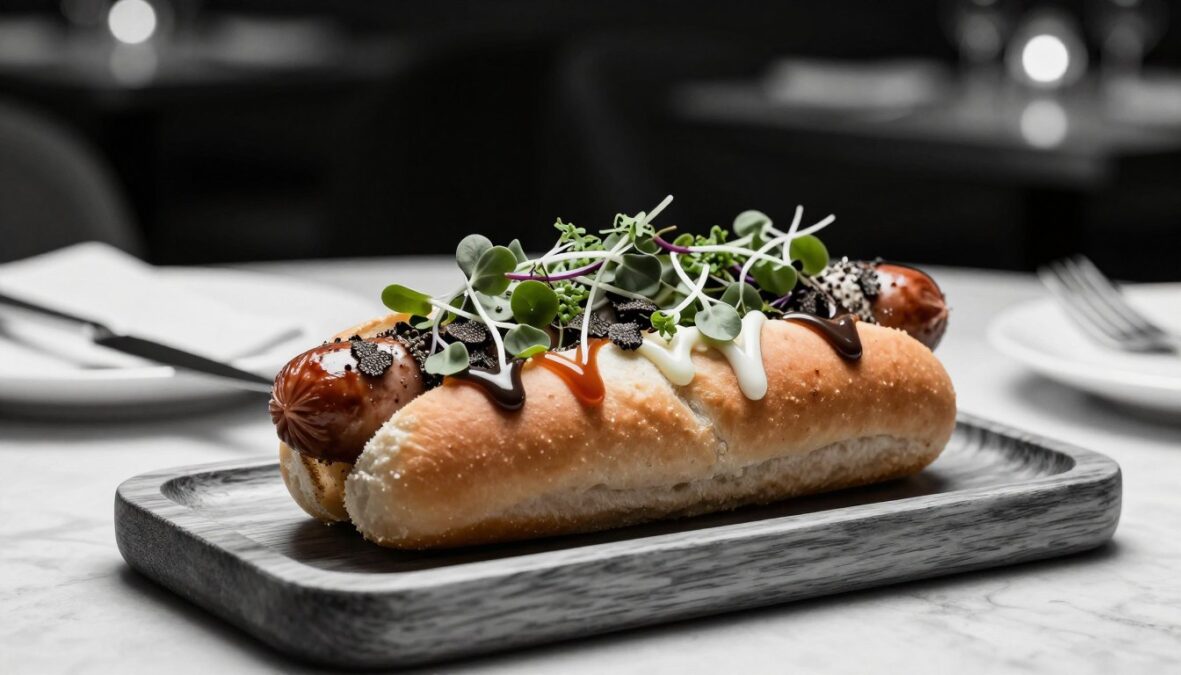 A luxurious gourmet hotdog displayed prominently in the foreground, showcasing an artisan bun filled with a shiny, decadent sausage infused with truffles. The toppings include finely chopped herbs, delicate microgreens, and a drizzle of gourmet sauces, artistically arranged for visual appeal. In the middle ground, a stylish wooden platter complements the dish, surrounded by minimalistic, elegant tableware. The background features a softly blurred upscale dining environment with ambient lighting, creating an intimate and sophisticated atmosphere. The overall color palette is in pencil black and white, with selective, vibrant color accents highlighting the ingredients. The mood conveys indulgence and exclusivity, inviting the viewer to explore the luxury within this extraordinary hotdog creation.