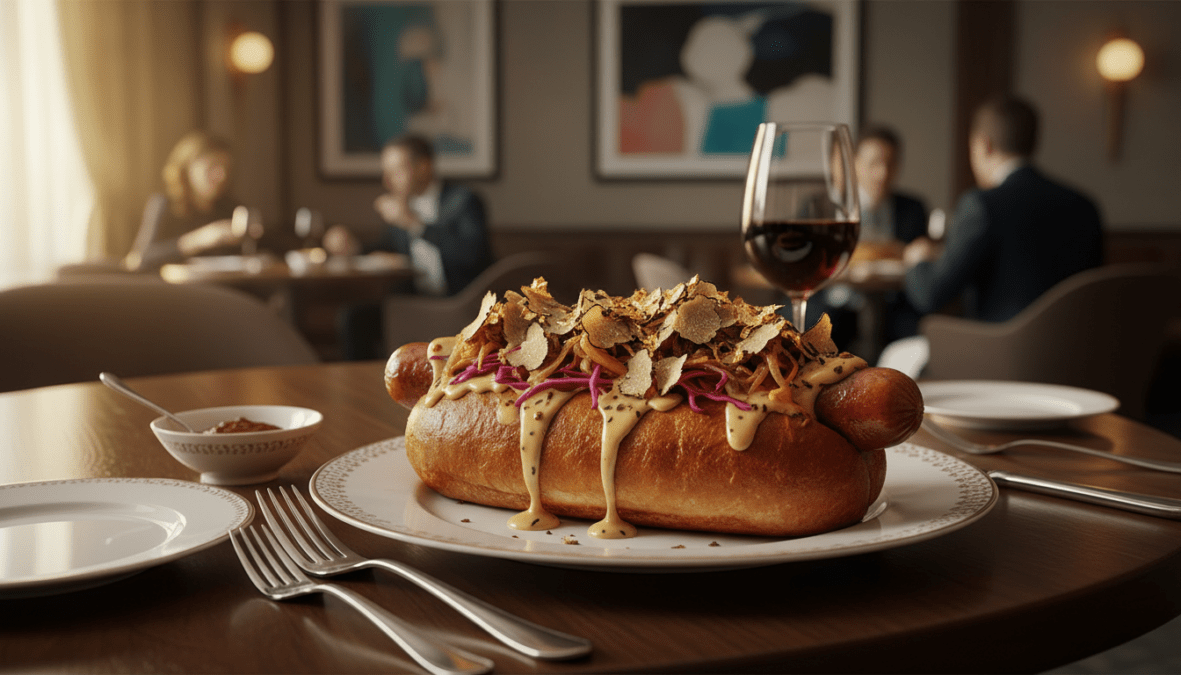 A luxurious hotdog displayed as the centerpiece of a high-end gourmet setting, garnished lavishly with truffle shavings and edible gold flakes. The foreground features a close-up of the hotdog in an artisan bun, exhibiting glistening condiments. In the middle ground, a stylish wooden table adorned with elegant dining utensils and fine china enhances the gourmet theme. The background reveals a softly lit upscale restaurant atmosphere, with tasteful decor and blurred silhouettes of well-dressed patrons enjoying their meals. The image is captured with a shallow depth of field to evoke a sense of exclusivity and indulgence, utilizing warm lighting to create an inviting and opulent mood.
