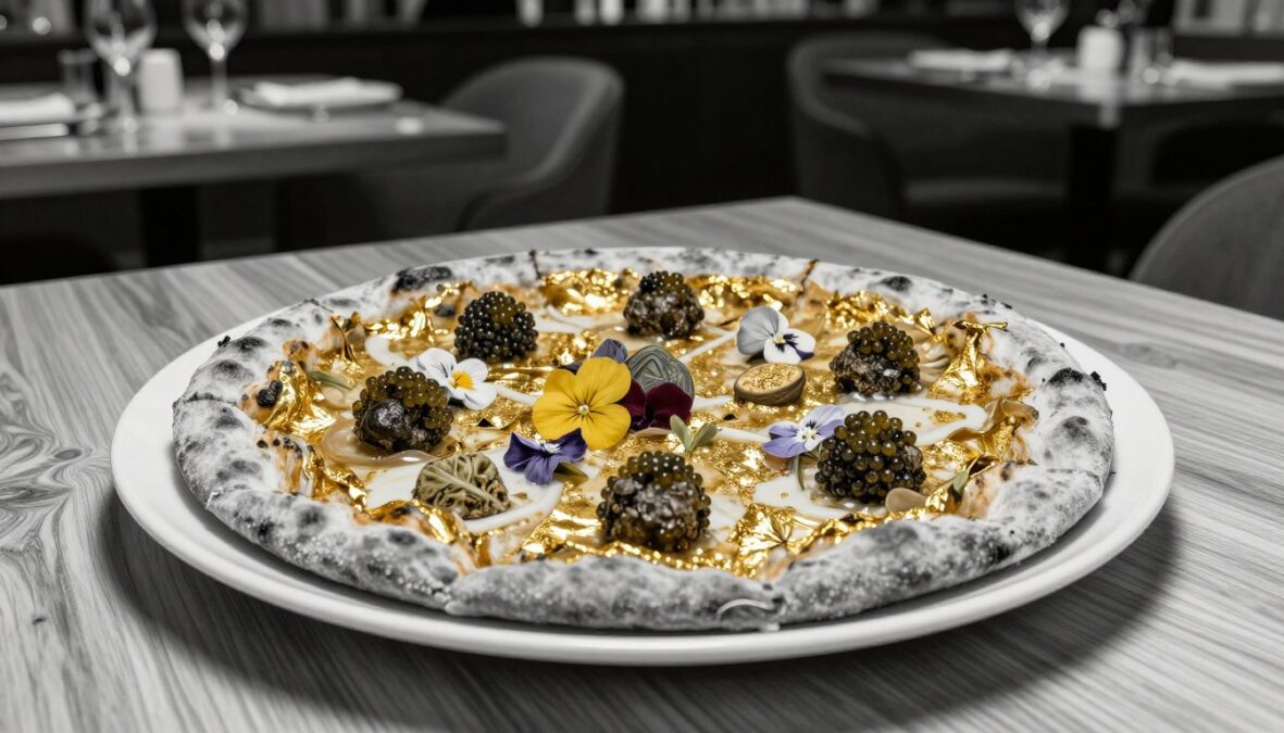 A luxurious pizza adorned with a shimmering layer of gold leaf, resting elegantly on a pristine white plate. The foreground features dazzling toppings like caviar, truffles, and delicate edible flowers, providing vibrant color accents against the monochromatic backdrop. In the middle ground, a beautifully crafted wooden table enhances the gourmet presentation, with soft, diffused lighting casting gentle shadows to create a sense of depth. The background reveals an upscale, dimly lit restaurant environment, hinting at an intimate dining atmosphere. The overall mood is opulent and refined, inviting viewers to explore the extravagance of the world's most expensive pizza. The entire composition is rendered in pencil sketch style with selective color highlights for emphasis. A luxurious pizza adorned with a shimmering layer of gold leaf, resting elegantly on a pristine white plate. The foreground features dazzling toppings like caviar, truffles, and delicate edible flowers, providing vibrant color accents against the monochromatic backdrop. In the middle ground, a beautifully crafted wooden table enhances the gourmet presentation, with soft, diffused lighting casting gentle shadows to create a sense of depth. The background reveals an upscale, dimly lit restaurant environment, hinting at an intimate dining atmosphere. The overall mood is opulent and refined, inviting viewers to explore the extravagance of the world's most expensive pizza. The entire composition is rendered in pencil sketch style with selective color highlights for emphasis.