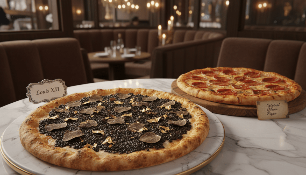 A luxurious setting emphasizes a striking contrast between a lavishly garnished pizza and a simple classic pizza. In the foreground, a stunning "Louis XIII" pizza, adorned with vibrant slices of truffle, a glistening layer of caviar, and edible gold flakes, rests gracefully on an elegant marble table. The intricate details of the toppings glimmer under soft, ambient lighting, creating an extravagant atmosphere. In the middle ground, a traditional pepperoni pizza is casually placed beside it, representing the originally purchased Bitcoin pizza, showcasing simplicity and nostalgia. The background features a dimly lit, upscale restaurant ambiance with soft bokeh lights, enhancing the overall luxurious mood. The angle is slightly above the table, focusing on the pizzas while capturing the elegance of the setting, evoking a sense of indulgence and contrast in value.