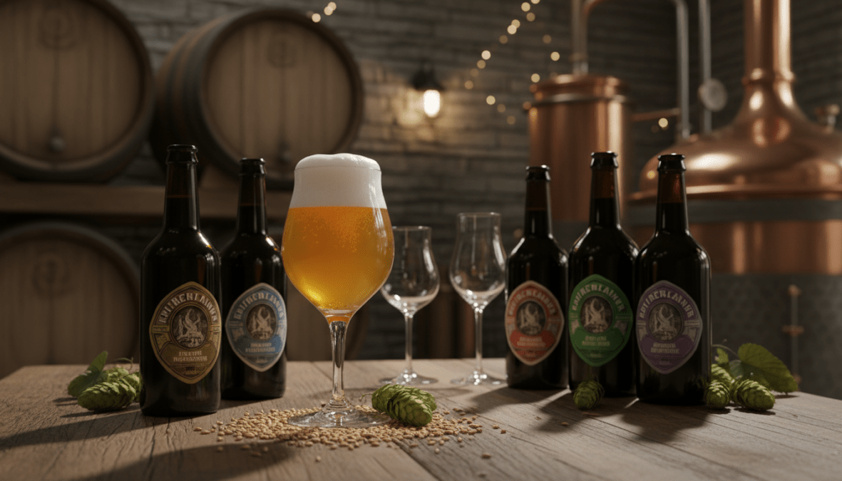 A luxurious setting showcasing the harmony of champagne and craft beer. In the foreground, an elegantly crafted glass of golden champagne beer, with a frothy head, catching the light. Surrounding it, barley grains and hops, symbolizing traditional brewing methods. In the middle ground, a soft-focus table adorned with artisanal beer bottles featuring intricate labels, radiating sophistication. The background features a warm, rustic brewery with wooden barrels and copper brewing equipment, softly lit by gentle, ambient lighting that creates a cozy yet refined atmosphere. Capture this scene from a slightly elevated angle, emphasizing the texture of the beer and the craftsmanship of the environment, conveying a sense of indulgence and tradition. A luxurious setting showcasing the harmony of champagne and craft beer. In the foreground, an elegantly crafted glass of golden champagne beer, with a frothy head, catching the light. Surrounding it, barley grains and hops, symbolizing traditional brewing methods. In the middle ground, a soft-focus table adorned with artisanal beer bottles featuring intricate labels, radiating sophistication. The background features a warm, rustic brewery with wooden barrels and copper brewing equipment, softly lit by gentle, ambient lighting that creates a cozy yet refined atmosphere. Capture this scene from a slightly elevated angle, emphasizing the texture of the beer and the craftsmanship of the environment, conveying a sense of indulgence and tradition.