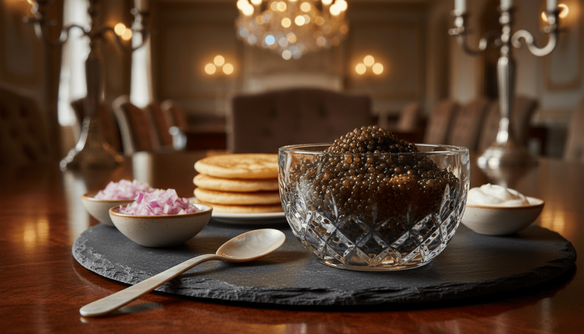A luxurious still life featuring high-quality caviar displayed in a beautifully arranged setting. In the foreground, a crystal bowl filled with gleaming black and golden caviar, sparkling under soft, diffused lighting. To the side, an elegant mother-of-pearl spoon rests on a dark slate surface, hinting at the delicacy's richness. The middle ground shows a few gourmet accompaniments like finely chopped onions, blinis, and sour cream, arranged neatly on a polished wooden table. In the background, a blurred view of a luxurious dining room, with rich textures and warm ambient lighting, evokes an upscale atmosphere. The overall mood is opulent and inviting, perfect for both novices and connoisseurs exploring the world of caviar.