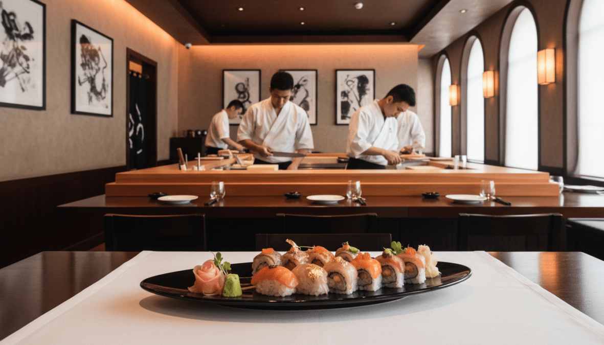 A luxurious sushi restaurant interior, showcasing elegant wooden furniture and minimalistic decor. In the foreground, a beautifully arranged sushi platter featuring gold leaf sushi, delicate garnishes, and pristine white plates. The middle ground reveals an open sushi bar with skilled sushi chefs in professional attire, meticulously preparing dishes. The background features a serene ambiance with soft, warm lighting and traditional Japanese artworks adorning the walls. Large windows allow natural light to filter in, enhancing the sophisticated atmosphere. The entire scene evokes a sense of exclusivity and refinement, perfect for a high-end culinary experience.