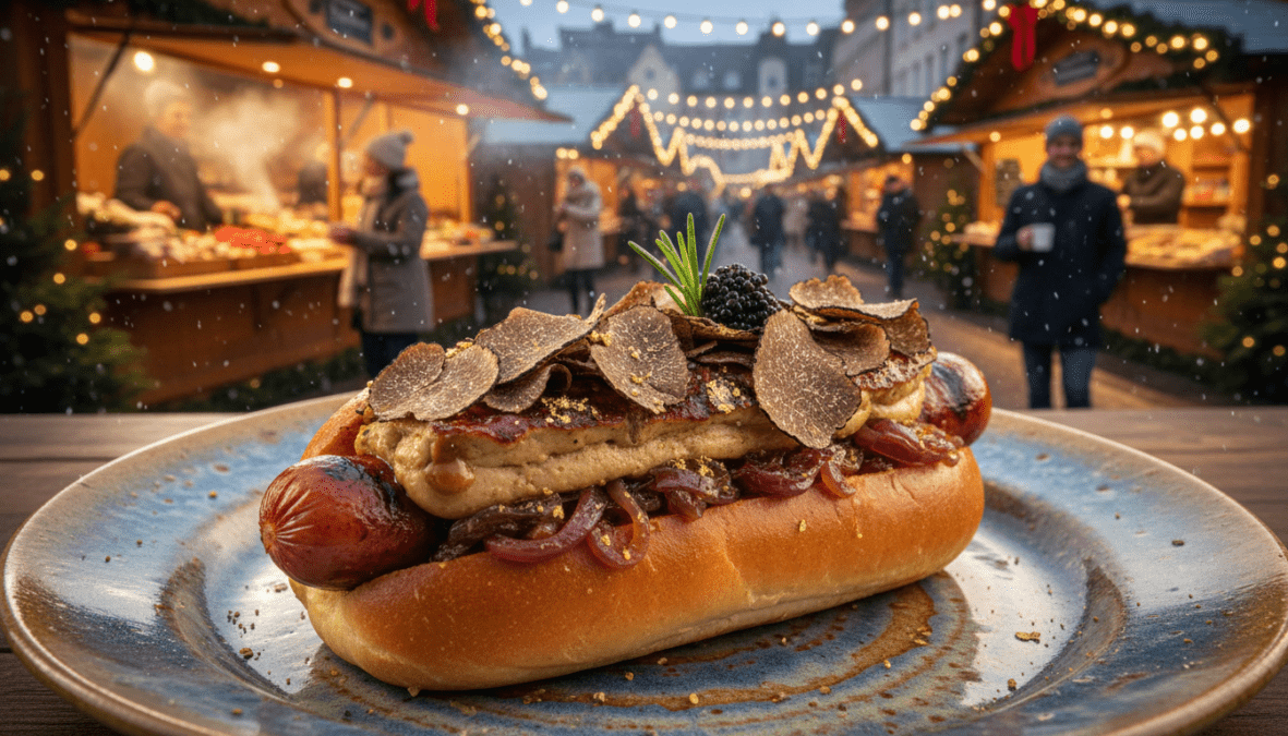 A luxury hotdog placed prominently in the foreground, expertly garnished with delicate truffle shavings and glistening gourmet toppings. The hotdog is served on a beautiful ceramic plate, with a festive Christmas market backdrop featuring twinkling lights, wooden stalls adorned with holiday decorations, and scent of roasted chestnuts in the air. In the background, cheerful market-goers dressed in warm winter clothing browse the stalls, their laughter and excitement adding to the lively atmosphere. The scene is warmly lit with soft golden tones, invoking a cozy holiday spirit. Shot from a slightly elevated angle to capture both the hotdog and the enchanting market, creating an inviting and mouth-watering visual experience.