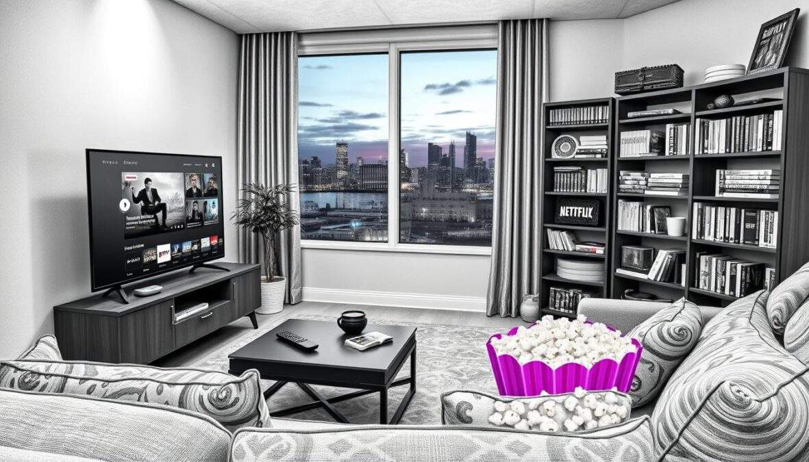 A modern living room setting, illuminated with soft ambient lighting, featuring a sleek flat-screen TV showcasing a streaming service interface. In the foreground, a comfortable sofa adorned with patterned cushions invites the viewer to sit and relax. To the side, a stylish coffee table holds a remote control and a bowl of popcorn, creating an inviting atmosphere. The middle ground focuses on a bookshelf filled with DVDs and books about television shows and movies, emphasizing the blend of traditional and digital media. In the background, a window offers a glimpse of a city skyline at dusk, highlighting the contemporary lifestyle. The entire image is rendered in pencil black and white with selective vibrant color accents on the streaming interface and the popcorn, enhancing the mood of on-demand entertainment.