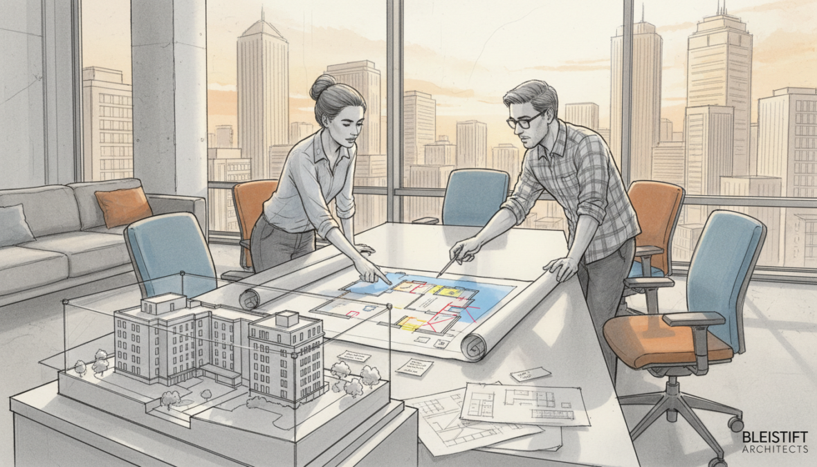 A modern office environment showcasing a diverse group of three professionals, two men and one woman, discussing a blueprint of an apartment renovation plan. The foreground features a detailed architectural model on a sleek table, with sketches and notes around it. In the middle ground, the professionals are engaged in conversation while pointing at specific elements of the design. The background includes large windows showing a cityscape, hinting at urban modernization. The overall atmosphere is dynamic and collaborative, with focused expressions on their faces. The scene is rendered in pencil sketch style with black and white tones, complemented by selective color accents on the blueprint and furniture, creating a sophisticated yet approachable look. Soft, natural lighting illuminates the space, casting gentle shadows that enhance depth.