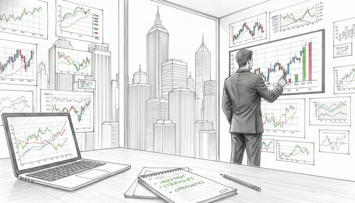 A modern office space illuminated by soft, diffused natural light, filled with financial charts and stock market graphs. In the foreground, a sleek wooden desk displays an open laptop and a notepad with handwritten investment strategies. In the middle ground, a professional businessperson in a sharp suit analyzes data on a large digital screen, showcasing trends and opportunities in the stock market. The background reveals a panoramic cityscape with towering skyscrapers, symbolizing growth and ambition. The entire scene is in black and white pencil sketch style, with colorful accents on the charts and graphs, highlighting key investment data. The mood is focused and optimistic, embodying strategic thinking and financial planning.