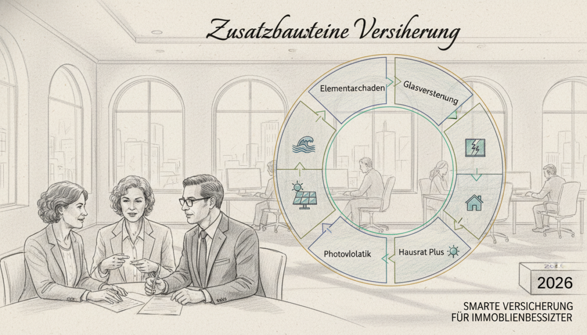 A monochromatic pencil drawing depicting a conceptualized insurance landscape focusing on "Zusatzbausteine Versicherung." In the foreground, illustrate a diverse group of three professionals, dressed in smart business attire, discussing with focus and engagement. In the middle, show a large, detailed chart or diagram illustrating various supplemental insurance components, highlighted with subtle color accents to draw attention. The background features a softly sketched modern office environment, with large windows allowing ambient natural light to flow in, casting gentle shadows. The overall atmosphere is one of collaboration and professionalism, emphasizing the importance of smart insurance choices for homeowners in 2026.