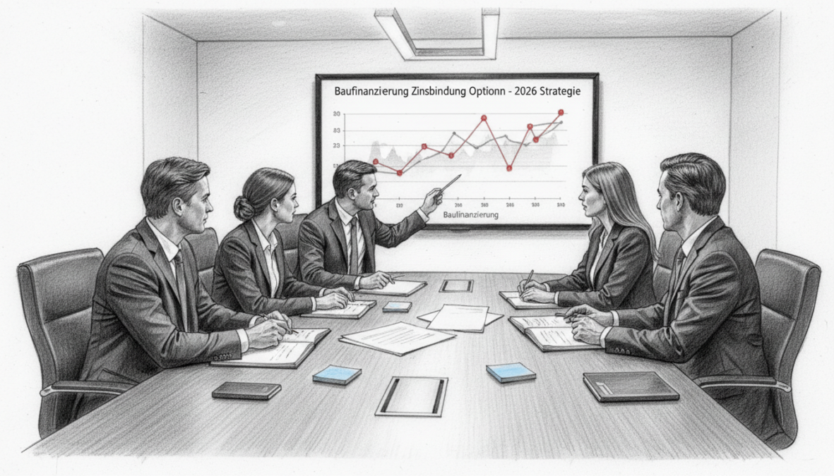 A monochromatic pencil sketch of a modern financial office interior, emphasizing a sleek conference table surrounded by professional individuals dressed in business attire, discussing various Baufinanzierung Zinsbindung options. The scene is illuminated with soft overhead lighting, creating a warm and inviting atmosphere. In the background, a large wall-mounted display shows graphs and diagrams related to Baufinanzierung. Incorporate subtle color accents to highlight key elements, such as red markers on charts or blue sticky notes on the table. The composition should be in a slightly angled perspective to enhance depth, focusing on the engaged expressions of the team as they strategize about financing options for 2026.